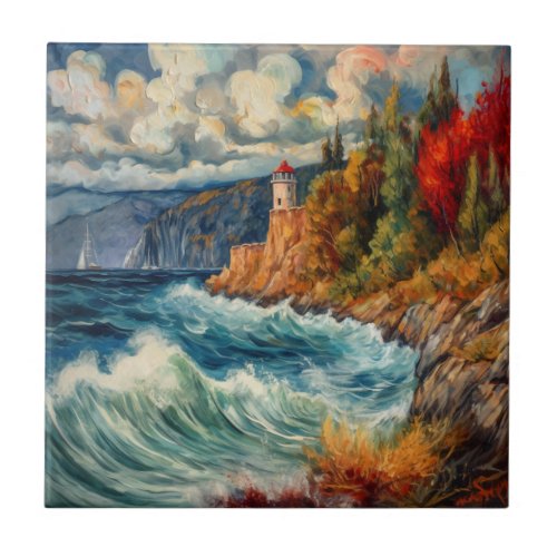 Lighthouse by a Stormy Sea Ceramic Tile