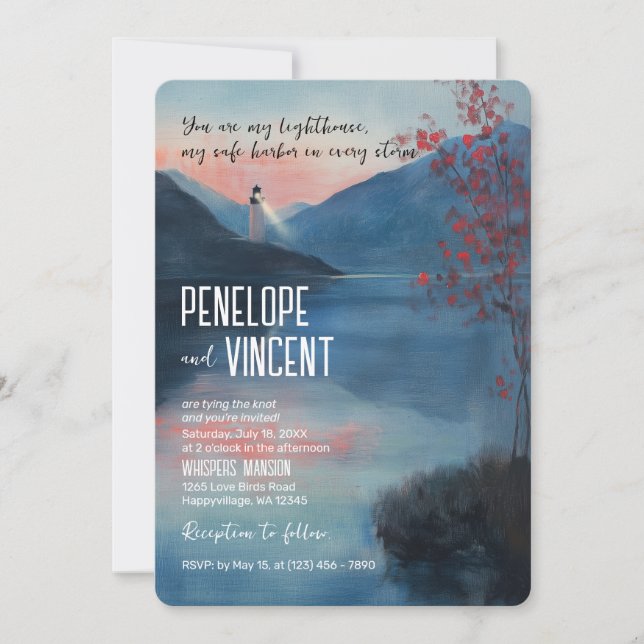 Lighthouse by the lake wedding invitation (Front)