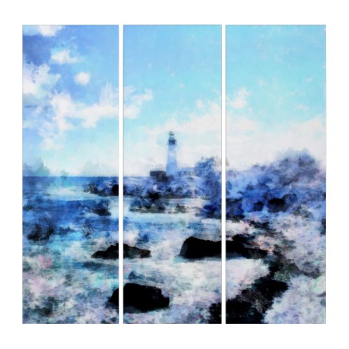 Lighthouse by the sea in spring Landscape Painting Triptych