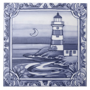 Lighthouse by the Sea Ocean Blue and White Ceramic Tile
