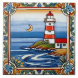 Lighthouse by the Sea Ocean Colorful Beach House Ceramic Tile<br><div class="desc">"red and white lighthouse",  "nautical sea ocean theme",  "marine sailor sailing building",  "striped stripe tower",  "blue water waves sky",  "coastal coast night moon",  "sail folk illustration art",  "colorful traditional painting",  "beach house decor",  "blue white green yellow"</div>