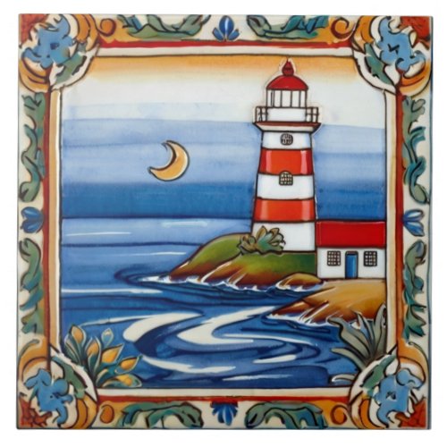 Lighthouse by the Sea Ocean Colorful Beach House Ceramic Tile