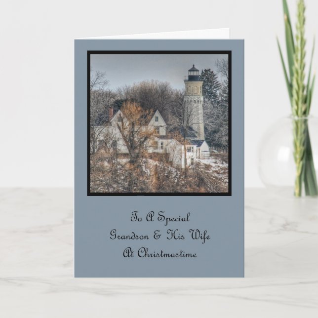 Lighthouse Christmas Wishes Grandson & Wife Holiday Card (Front)