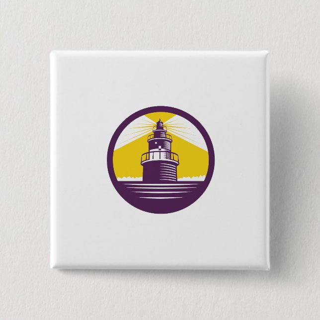 Lighthouse Circle Woodcut Pinback Button (Front)