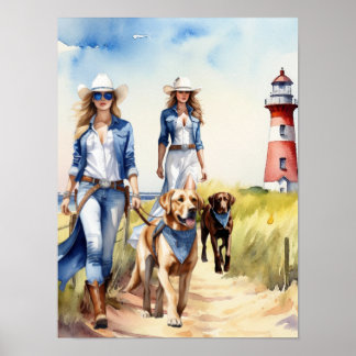 Lighthouse Coastal Cowgirl - Two Dog Walkers Poster