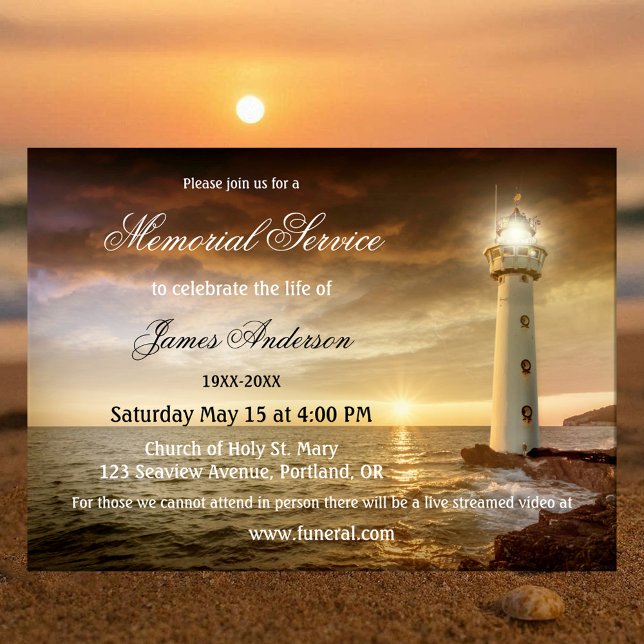 Lighthouse Coastal Funeral Memorial Service Invitation (Memorial or funeral service invitation featuring a coastal scene with a lighthouse)