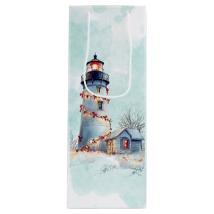 Lighthouse Coastal Holiday Christmas Wine Gift Bag