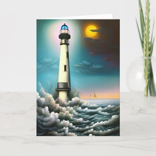 Lighthouse Coastal Ocean Sea Fantasy Art Friends   Holiday Card