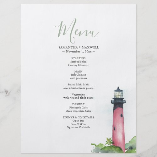 Lighthouse Coastal Watercolor Wedding Menu Flyer