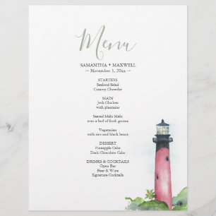Lighthouse Coastal Watercolor Wedding Menu Flyer