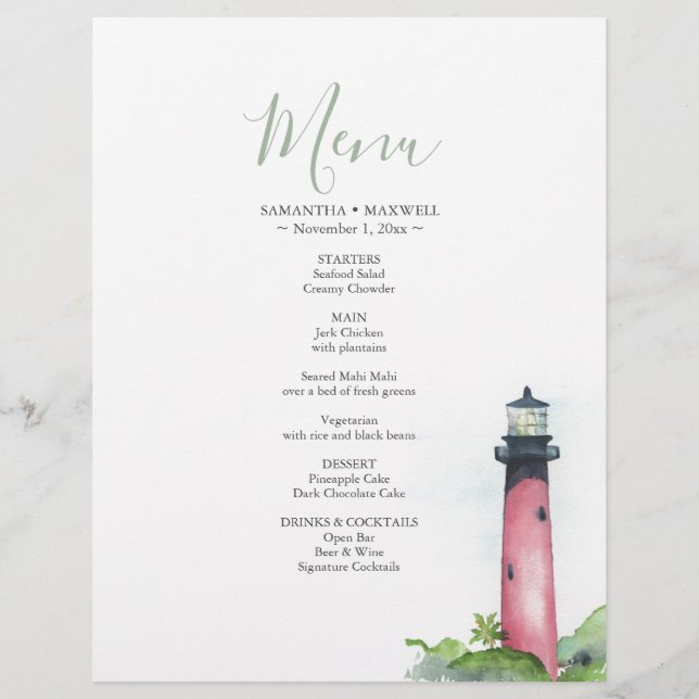 Lighthouse Coastal Watercolor Wedding Menu Flyer (Front)