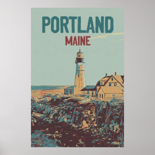 Lighthouse coastline Portland Maine USA Poster