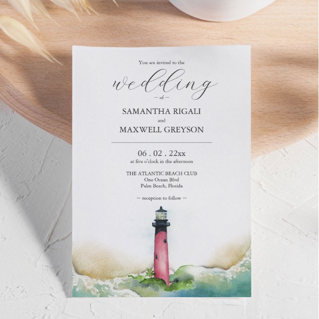 Lighthouse Customised Wedding Invitations (Nautical Lighthouse Beach Destination Wedding Invitation watercolor art by Victoria Grigaliunas)