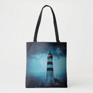 Lighthouse dark blue rainy night nautical tote bag