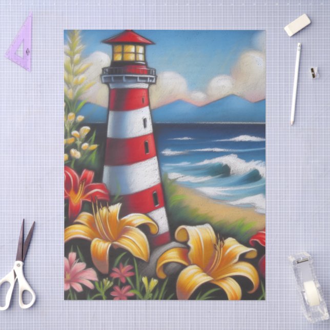 Lighthouse & Daylilies Nautical Decoupage  Tissue Paper (Craft)