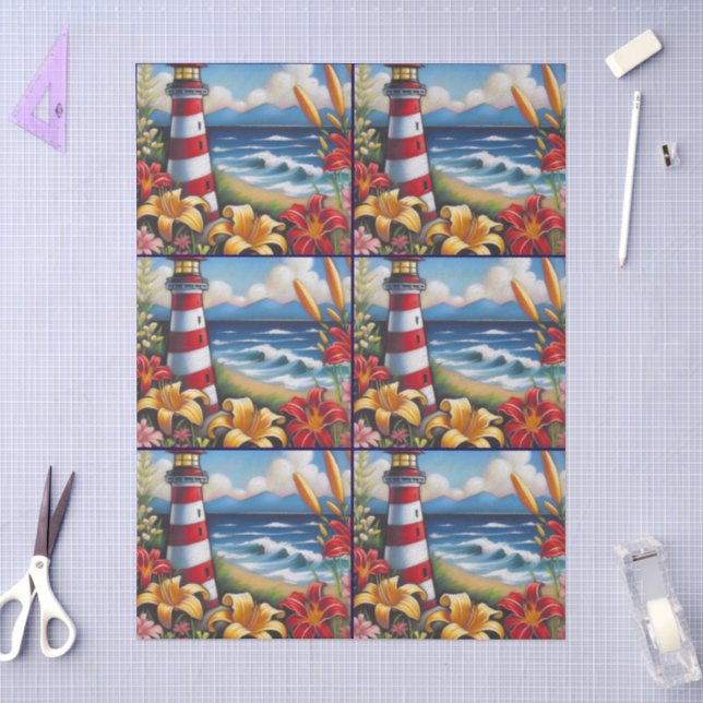 Lighthouse & Daylilies Nautical Decoupage  Tissue Paper (Craft)