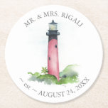 Lighthouse Destination Wedding Keepsake  Round Paper Coaster<br><div class="desc">Celebrate your coastal wedding with these personalized destination coasters, featuring a watercolor illustration of the iconic Jupiter Lighthouse in Florida. Perfect for a beach theme celebration or holiday wedding, these coasters can be customized with your name and wedding date—making them a meaningful keepsake for guests. A charming choice for wedding...</div>