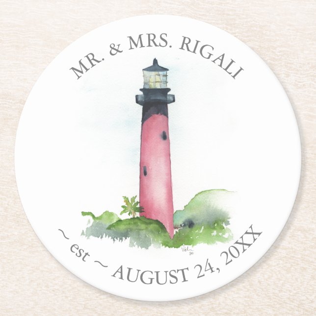Lighthouse Destination Wedding Keepsake  Round Paper Coaster (Front)
