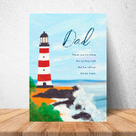 Lighthouse Father's Day Personalized Greeting Card<br><div class="desc">This Fathers Day greeting card features a beautiful illustration of a lighthouse standing tall on a peaceful beach. The ocean waves gently roll onto the shore and the lighthouse is the focal point of the illustration providing a beacon of guidance and safety. The quote "Thank you for being the guiding...</div>