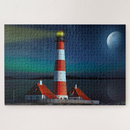 Lighthouse fine art red white night moon jigsaw puzzle
