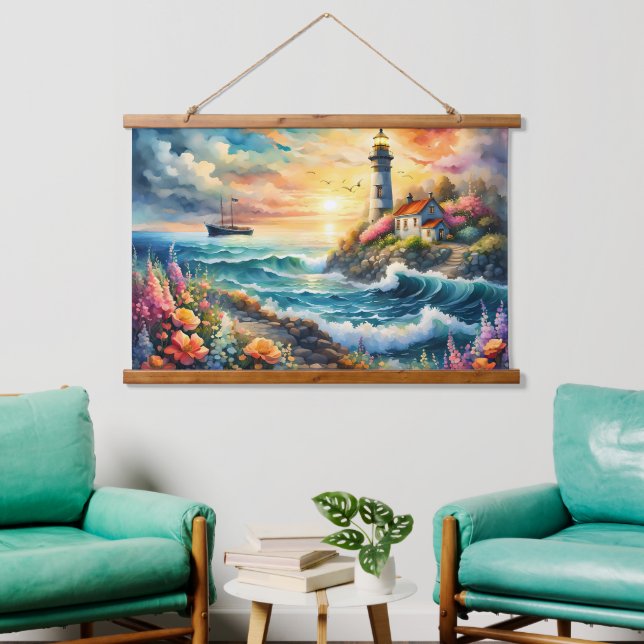 Lighthouse Floral garden on the Sea Hanging Tapestry (Living Room)
