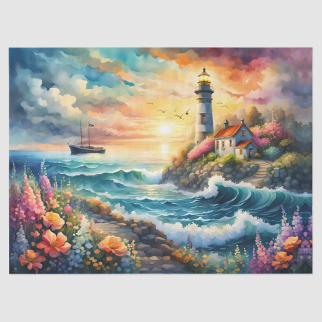 Lighthouse Floral garden on the Sea Tissue Paper (Front)