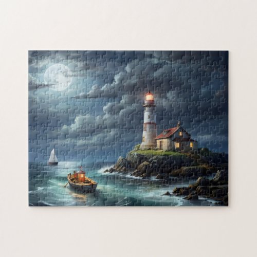 Lighthouse full moon empty row boat jigsaw puzzle