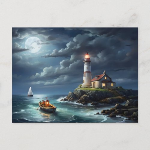 Lighthouse full moon empty row boat postcard