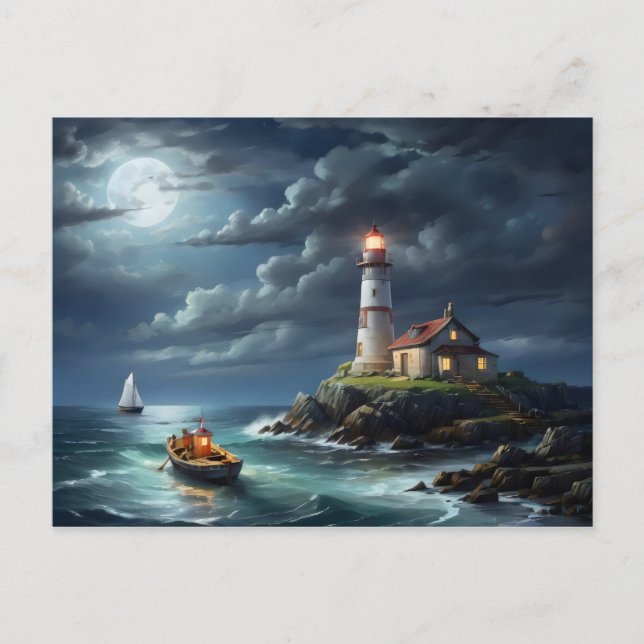 Lighthouse full moon empty row boat postcard (Front)