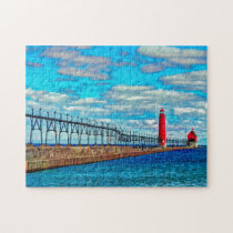 Lighthouse Grand Haven Pier Michigan. Jigsaw Puzzle