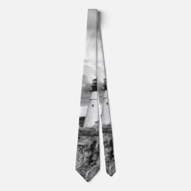 Lighthouse Grey Black White Clouds Seascape Ocean Neck Tie (Front)