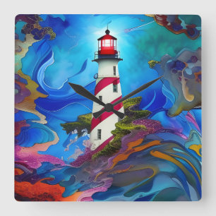 Lighthouse in a Storm Poster Square Wall Clock