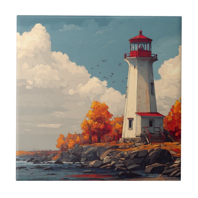 Lighthouse in Autumn Fall Ceramic Tile (Front)