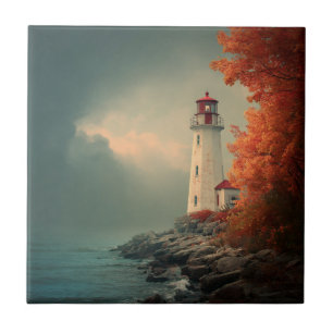 Lighthouse in Autumn Fall Ceramic Tile