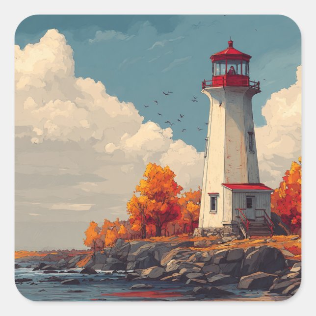 Lighthouse in Autumn Fall Square Sticker (Front)