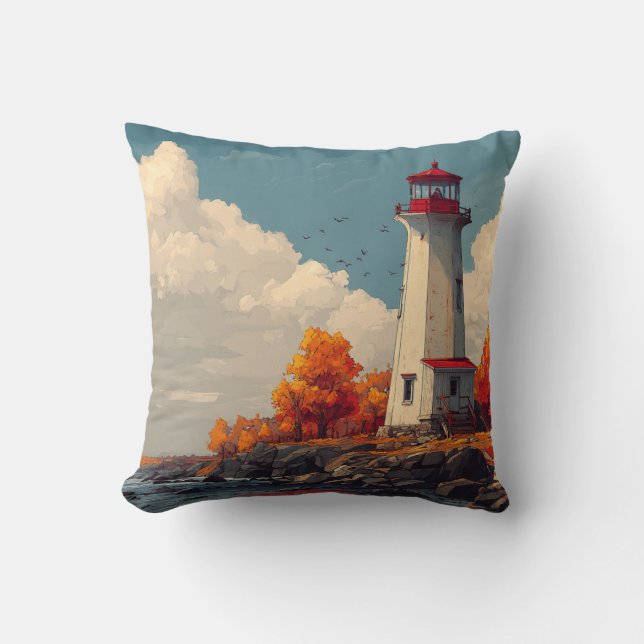 Lighthouse in Autumn Fall Throw Pillow (Front)