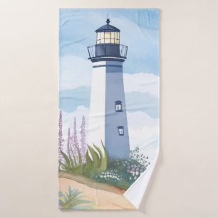 Lighthouse in Bloom Coastal Watercolor Floral Bath Towel