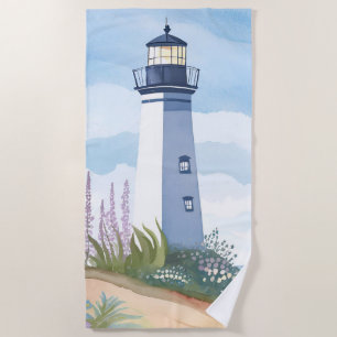 Lighthouse in Bloom Coastal Watercolor Floral Beach Towel
