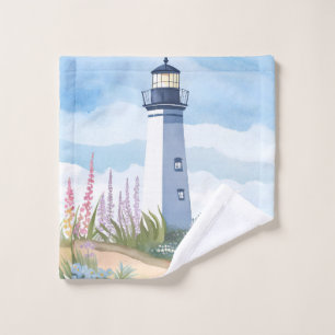 Lighthouse in Bloom   Coastal Watercolor Floral Wash Cloth