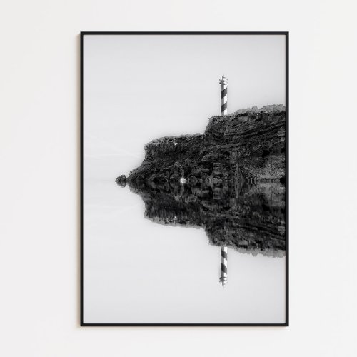 Lighthouse in cliffs black and white poster