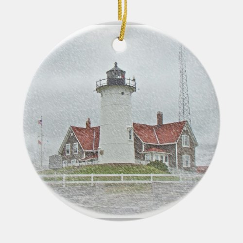 Lighthouse in Snow Merry Christmas Ceramic Ornament
