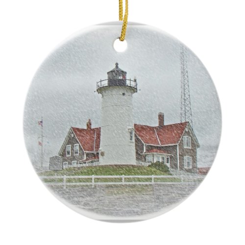 Lighthouse in Snow Merry Christmas Ceramic Ornament
