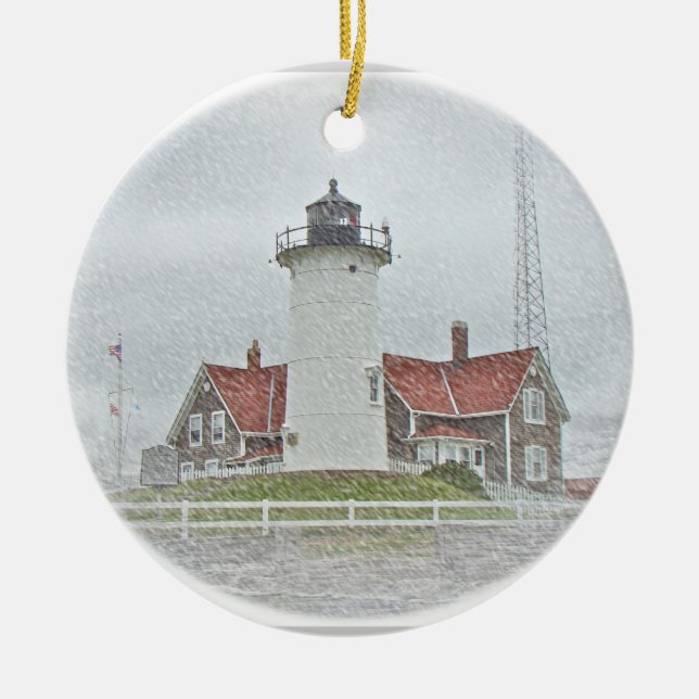 Lighthouse in Snow Merry Christmas Ceramic Ornament (Front)