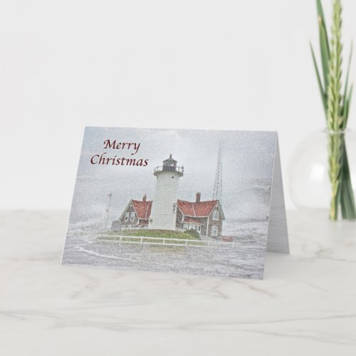 Lighthouse in Snow Merry Christmas Holiday Card