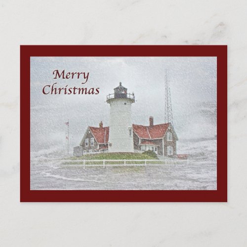 Lighthouse in Snow Merry Christmas Holiday Postcard
