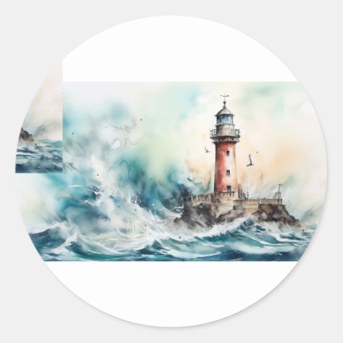 Lighthouse in storm classic round sticker