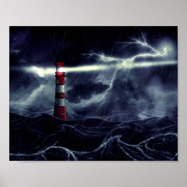 Lighthouse in the stormy sea digital illustration poster (Front)
