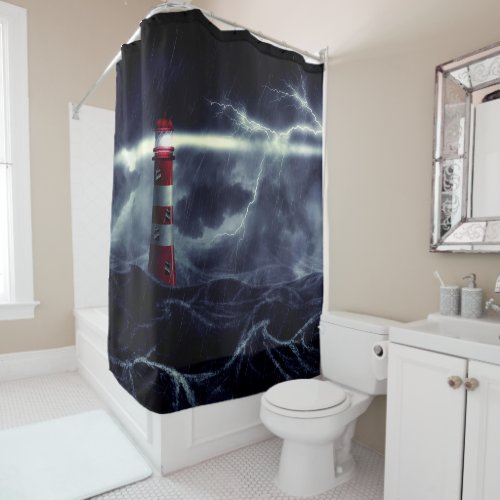 Lighthouse in the stormy sea digital illustration shower curtain