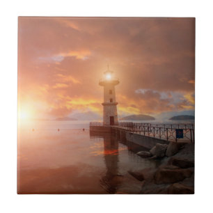 Lighthouse in the Sunset Ceramic Tile