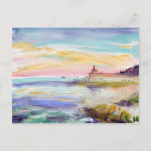 Lighthouse in Villefranche-sur-Mer. Watercolor art Postcard